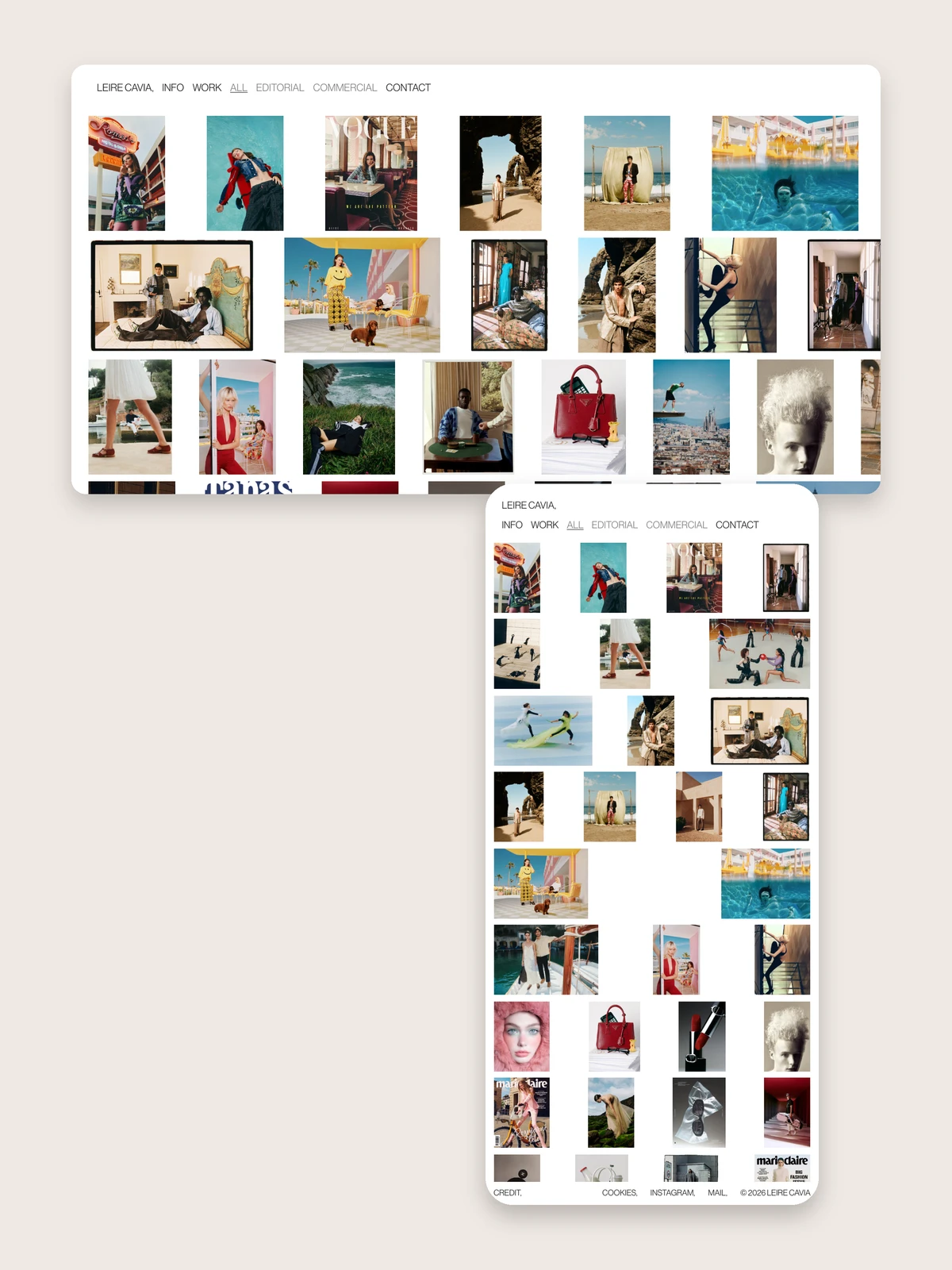Leire Cavia work grid, desktop and mobile