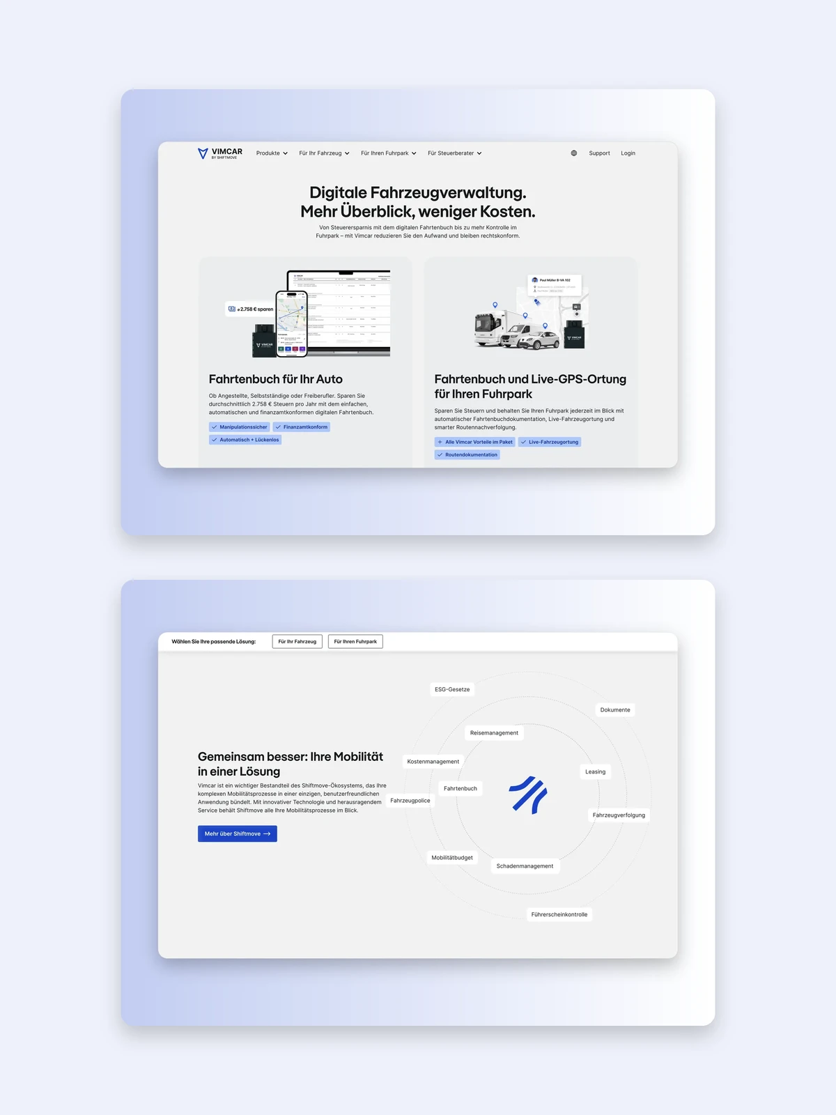 Vimcar digital fleet management, two product pages