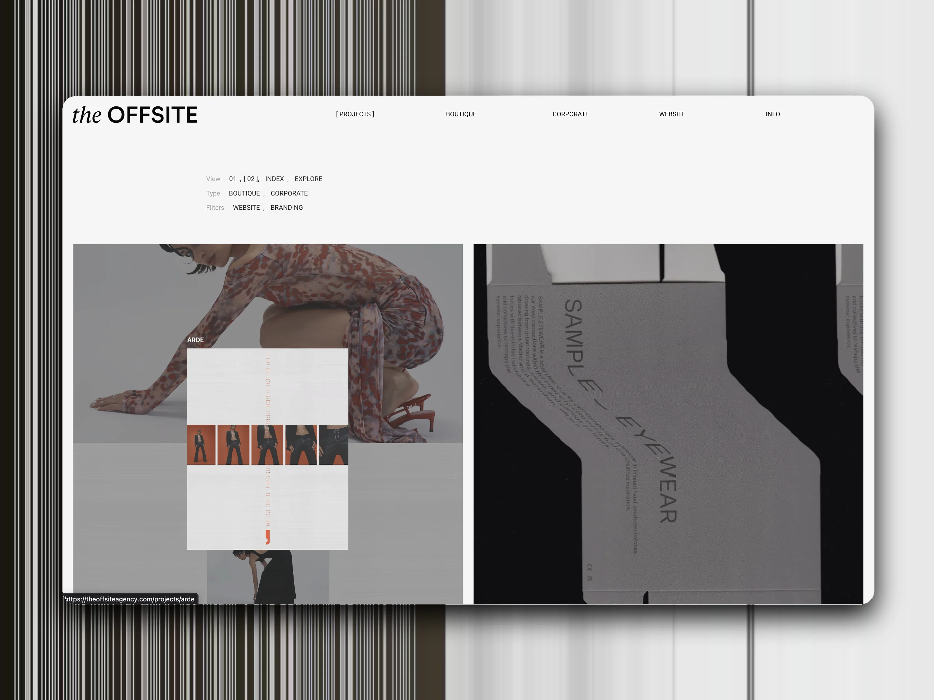 The Offsite Agency project page, a boutique fashion brand shoot next to a product detail shot
