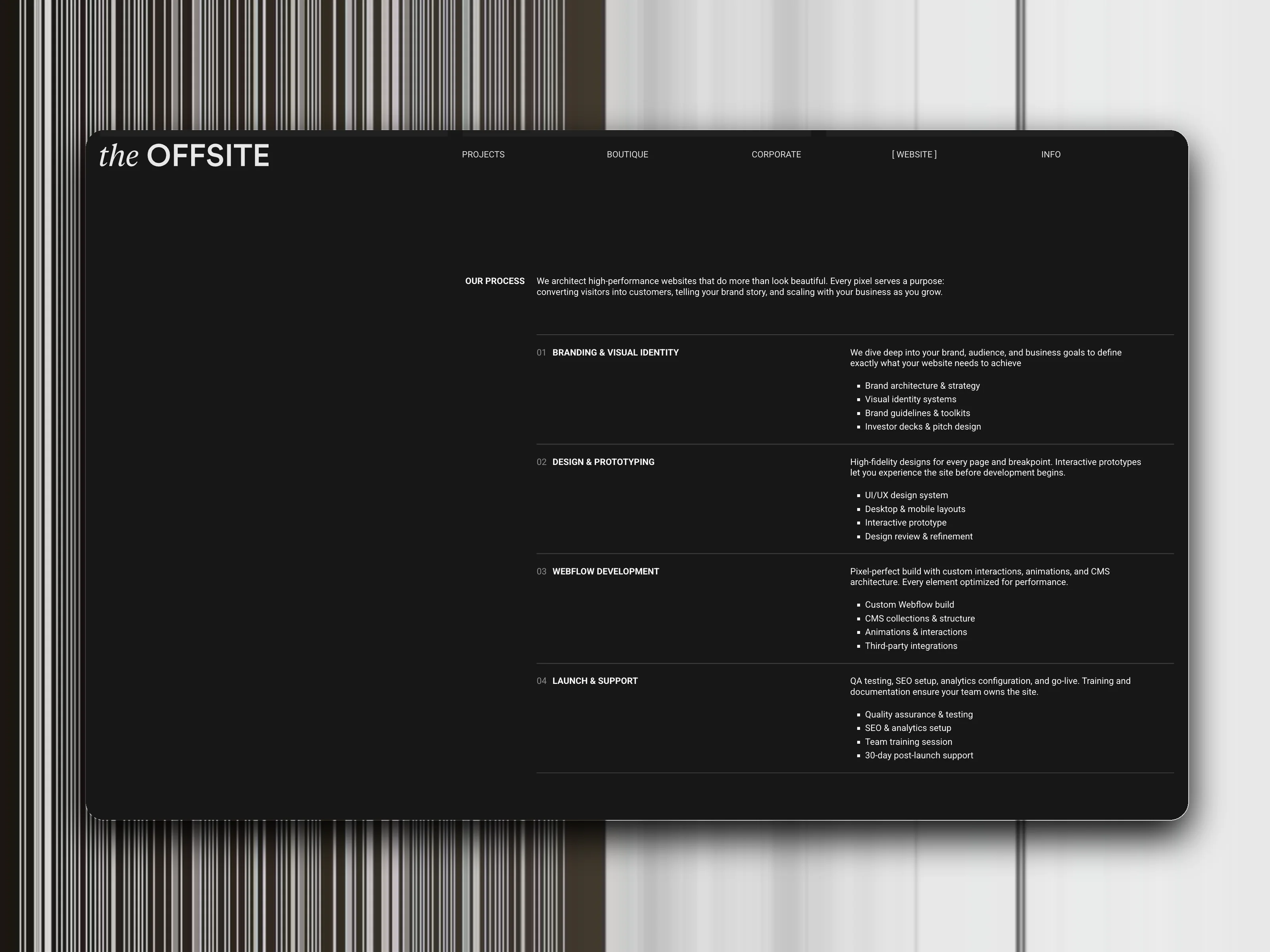 The Offsite Agency homepage footer with links to selected work and contact