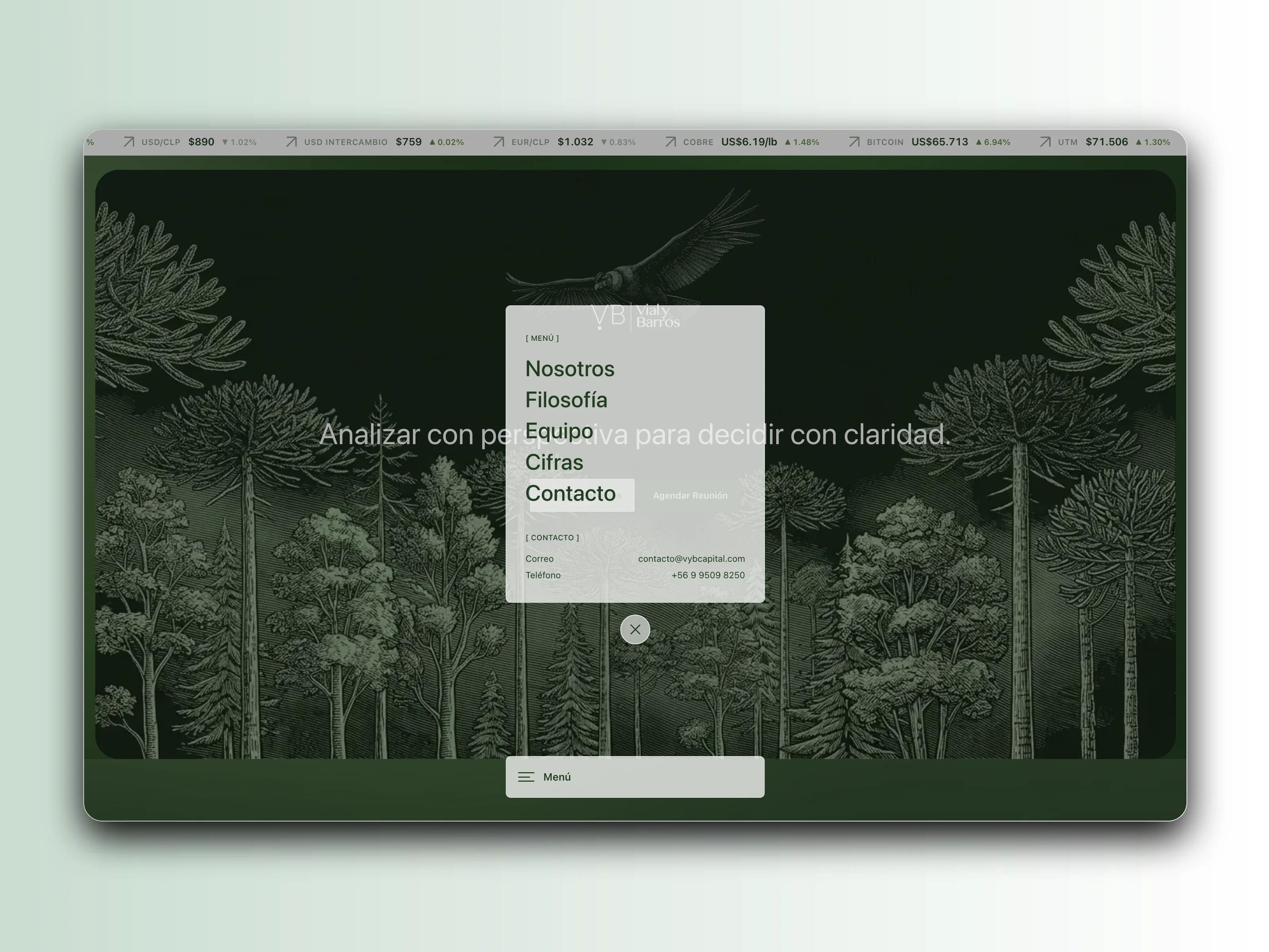 VyB Capital mobile navigation menu with site links and contact details