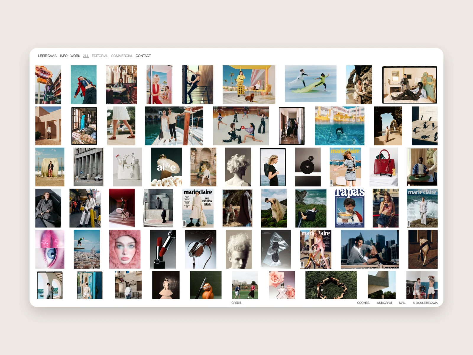 Leire Cavia work grid, showing editorial and commercial photography