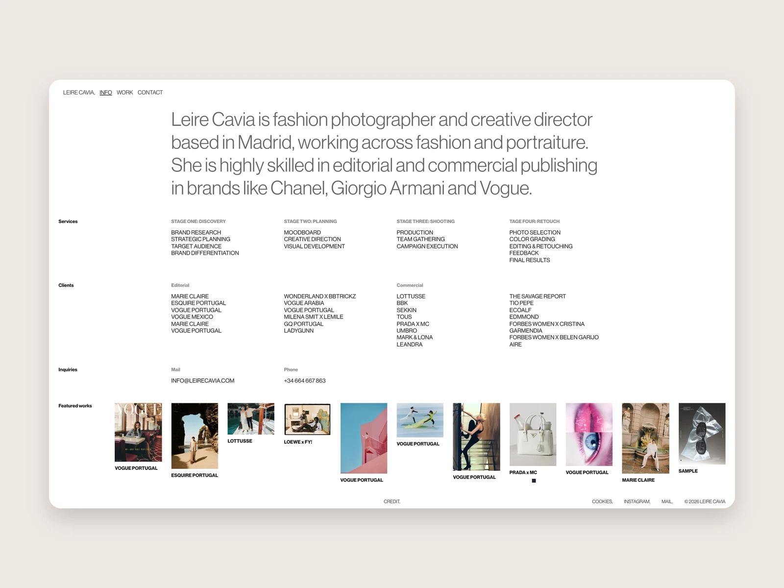 Leire Cavia info page with her bio, services, client list and featured works