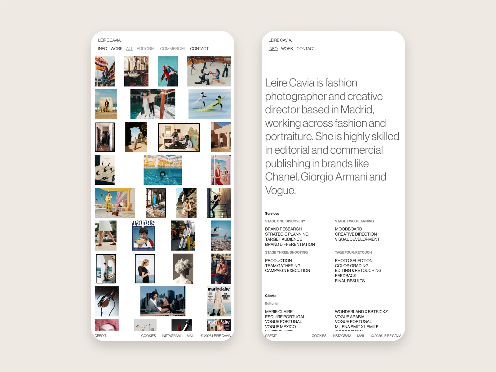 Leire Cavia website on mobile, showing the work grid and info page