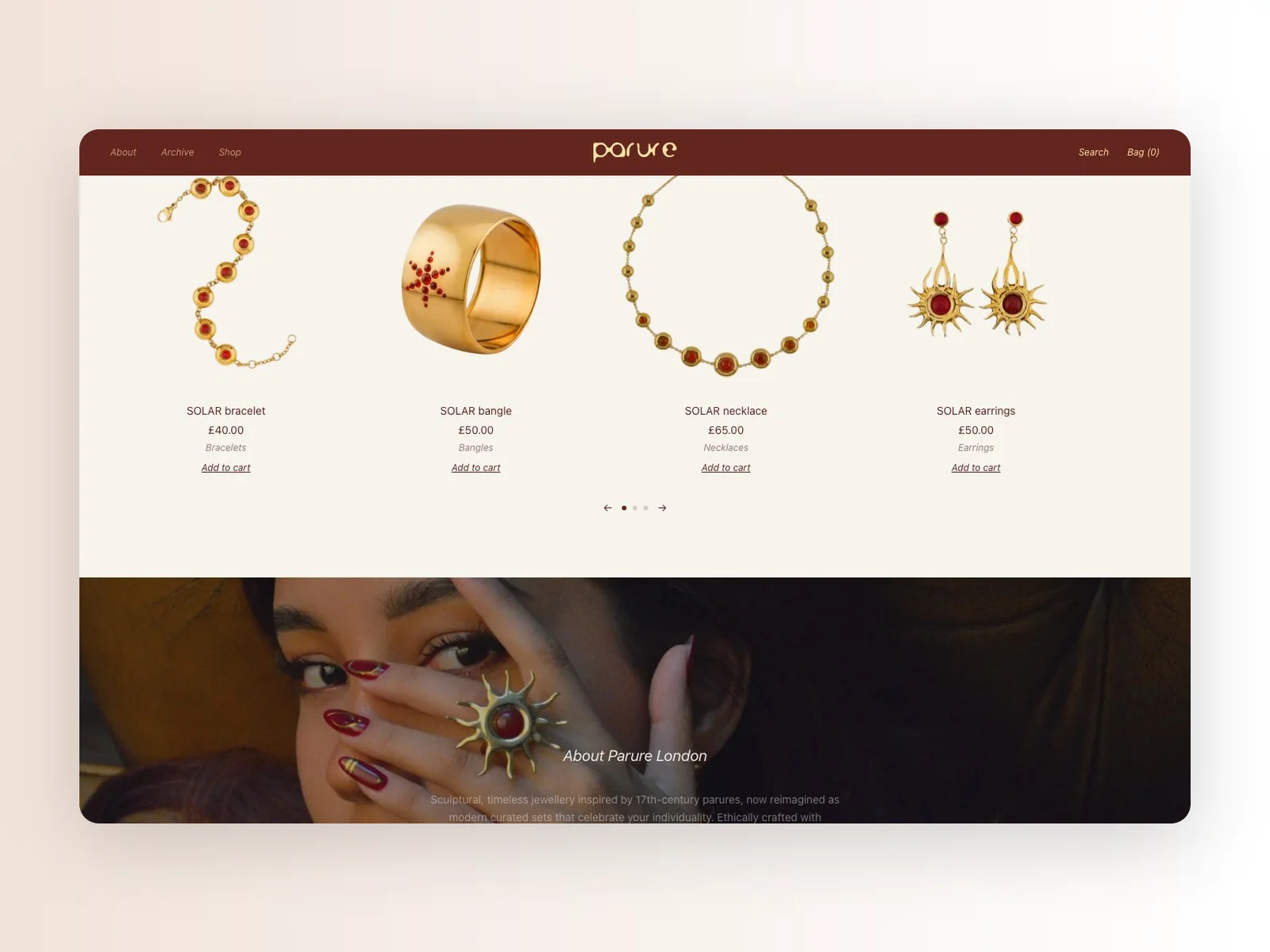 Parure London product grid and About section